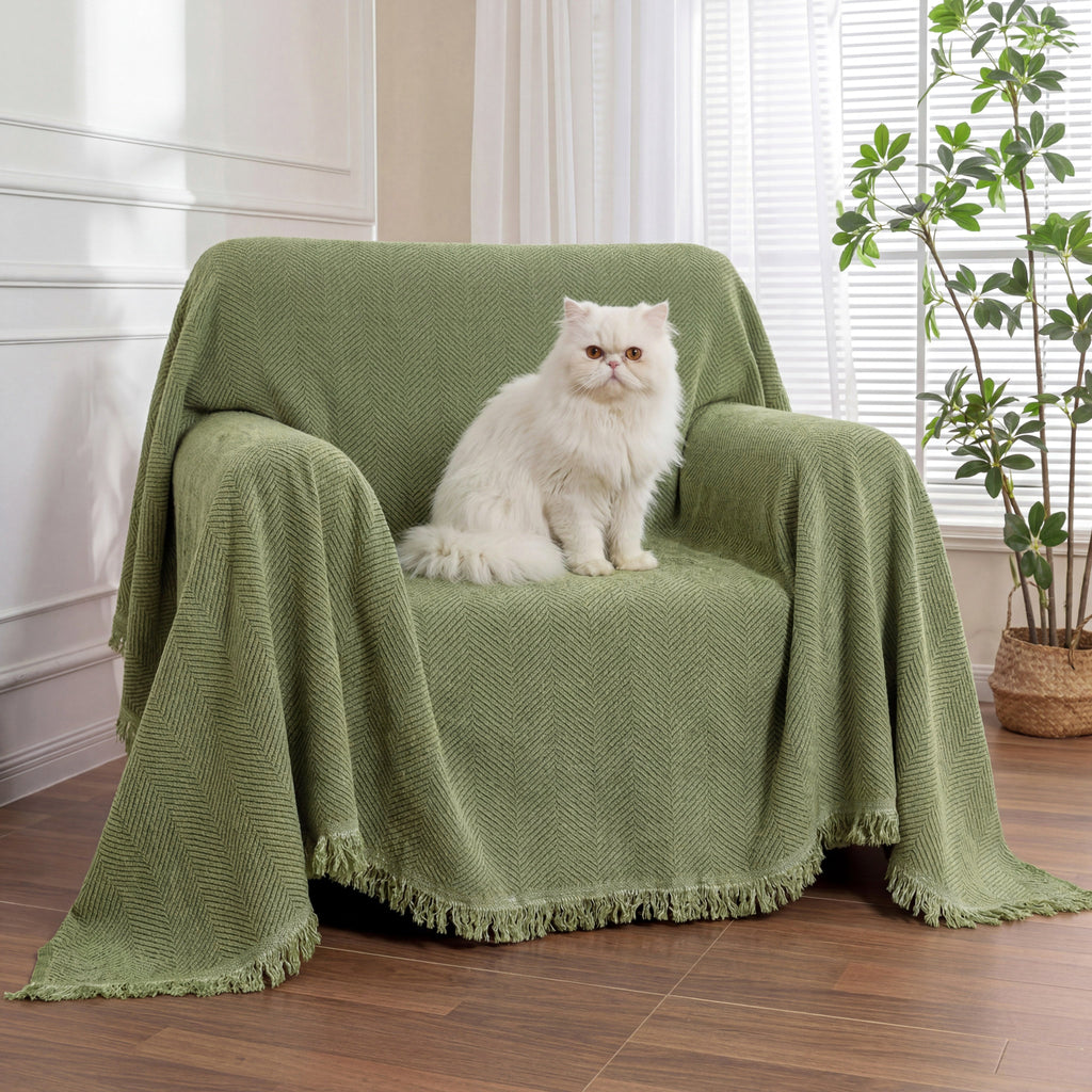 Chenille Blanket Herringbone Tassel Armchair Cover - Couch Cover detail view 15 | Petix pet supplies for dogs and cats
