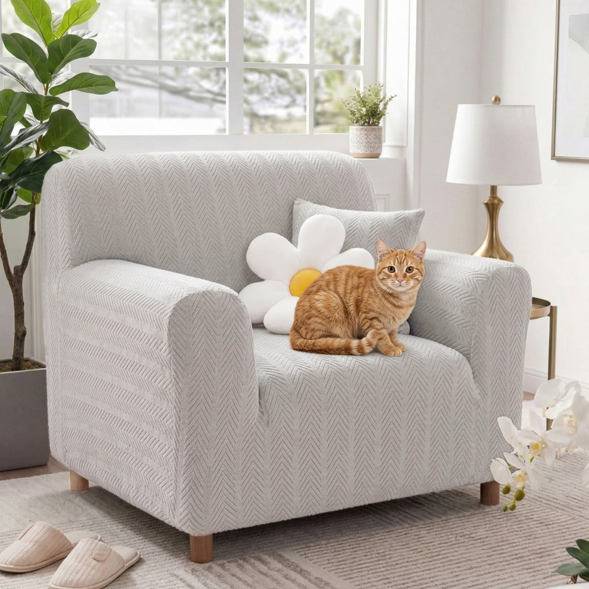 Elegant Herringbone Cream Aesthetic Stretch Magic Armchair Cover - Co... detail view 3 | Petix pet supplies for dogs and cats