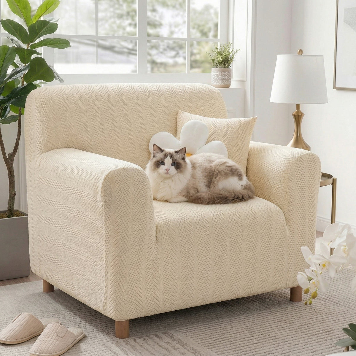 Elegant Herringbone Cream Aesthetic Stretch Magic Armcha... lifestyle and size view 17 | Petix pet supplies for dogs and cats