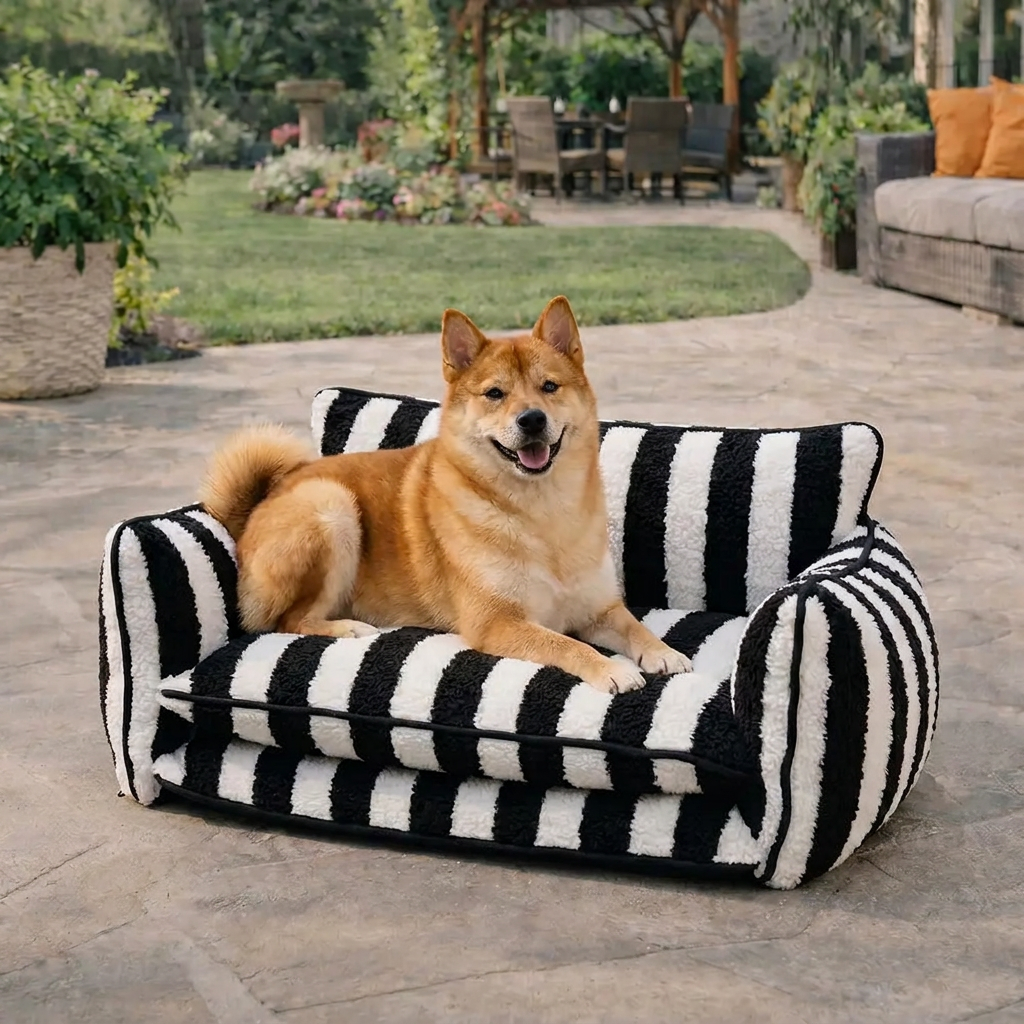Trendy Striped Faux Lambswool Double Layer Dog & Cat Sofa Bed - Outdoor