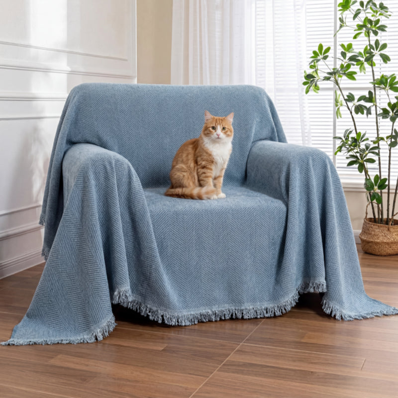 Chenille Blanket Herringbone Tassel Armchair Cover - Couch Cover detail view 5 | Petix pet supplies for dogs and cats