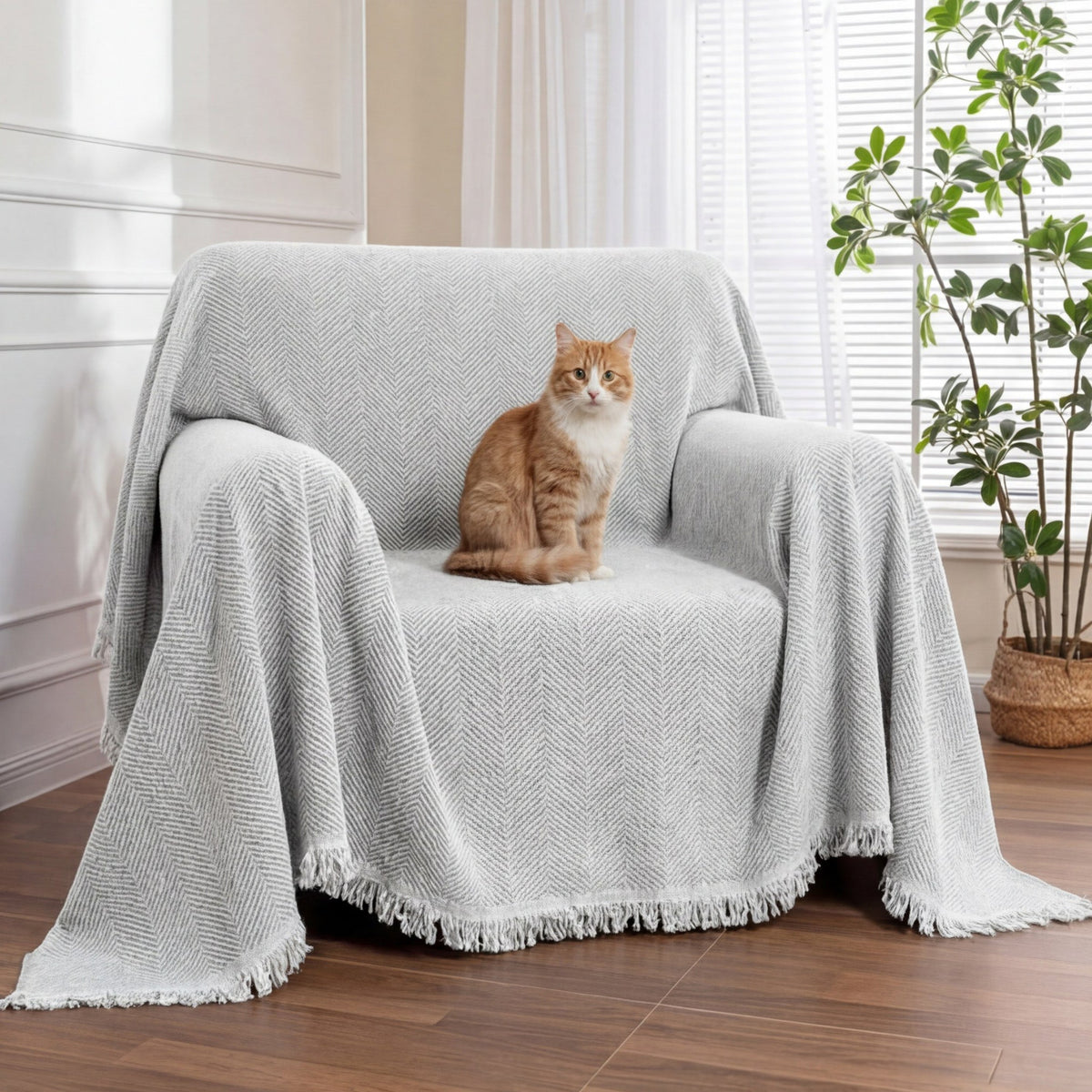 Chenille Blanket Herringbone Tassel Armchair Cover - Couch Cover detail view 4 | Petix pet supplies for dogs and cats