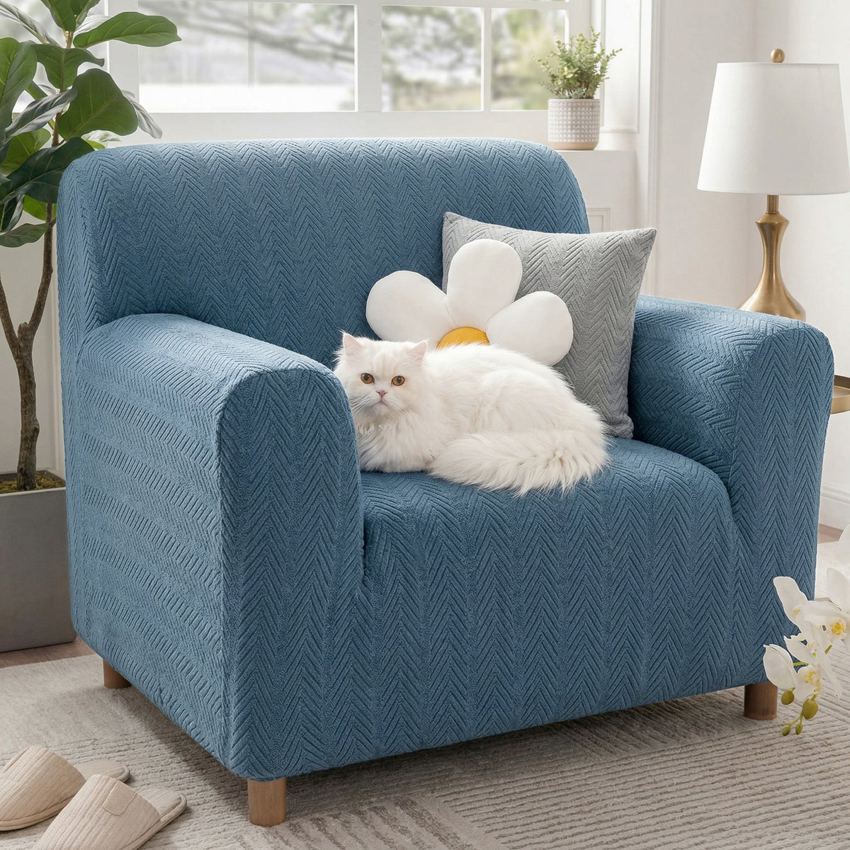 Elegant Herringbone Cream Aesthetic Stretch Magic Armchair Cover - Co... detail view 7 | Petix pet supplies for dogs and cats