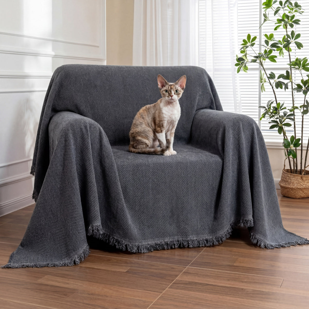 Chenille Blanket Herringbone Tassel Armchair Cover - Cou... lifestyle and size view 20 | Petix pet supplies for dogs and cats