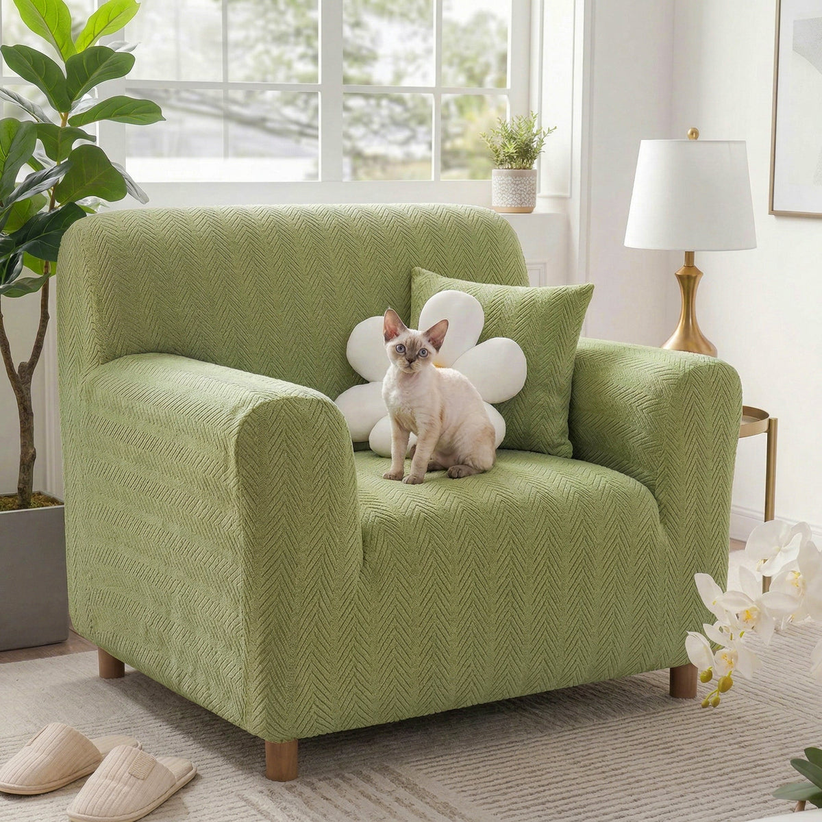 Elegant Herringbone Cream Aesthetic Stretch Magic Armchair Cover - C... detail view 11 | Petix pet supplies for dogs and cats