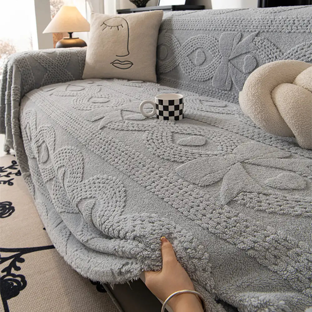 Bowknot Jacquard Plush Multifunctional Sofa Blanket Couc... lifestyle and size view 16 | Petix pet supplies for dogs and cats