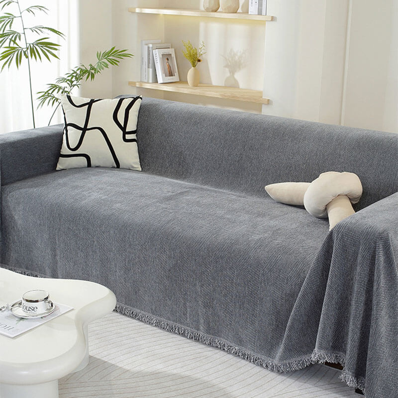 Chenille Blanket Herringbone Tassel Armchair Cover - Couch Cover detail view 2 | Petix pet supplies for dogs and cats