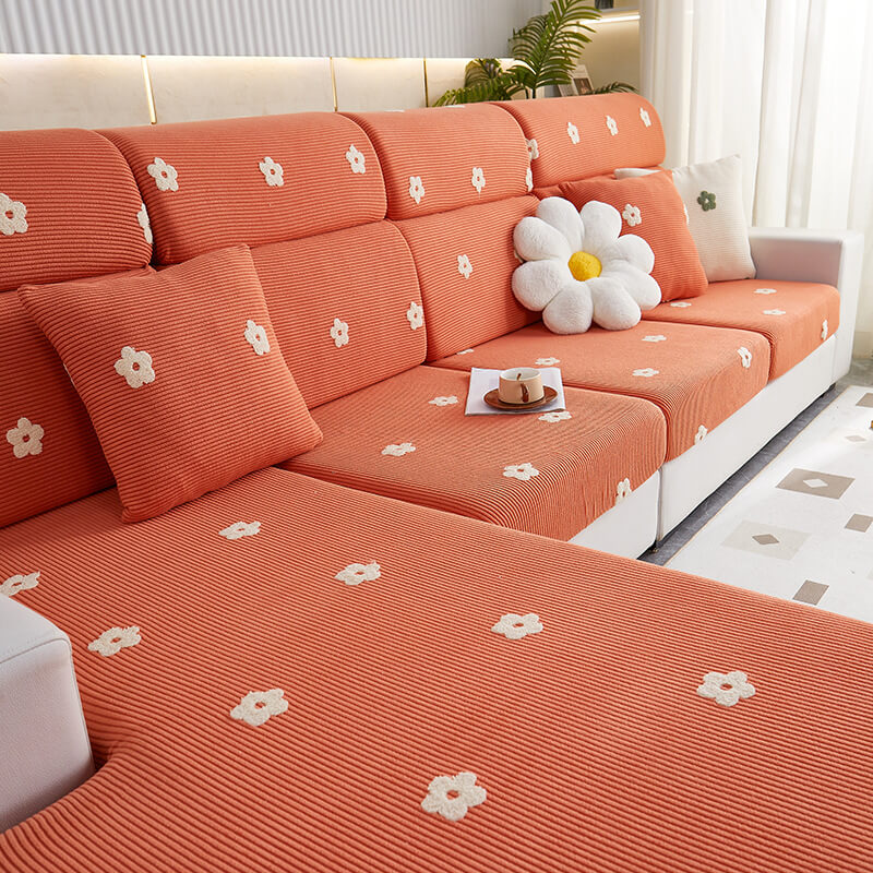 Floral Embroidered Fleece Sofa Anti-Scratch Stretch Couch Cover - Cou... detail view 4 | Petix pet supplies for dogs and cats