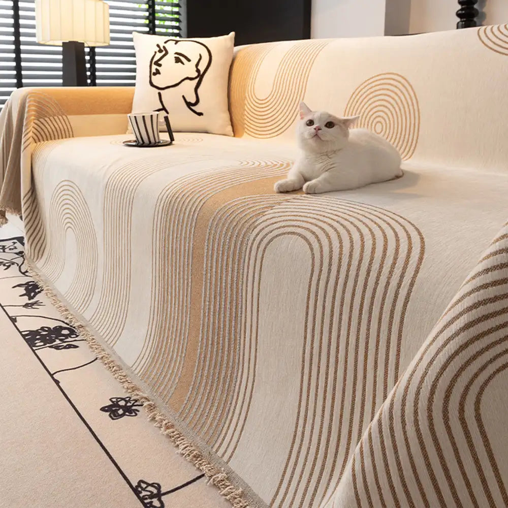 Geometric Striped Chenille Durable Sofa Protection Couch... lifestyle and size view 12 | Petix pet supplies for dogs and cats