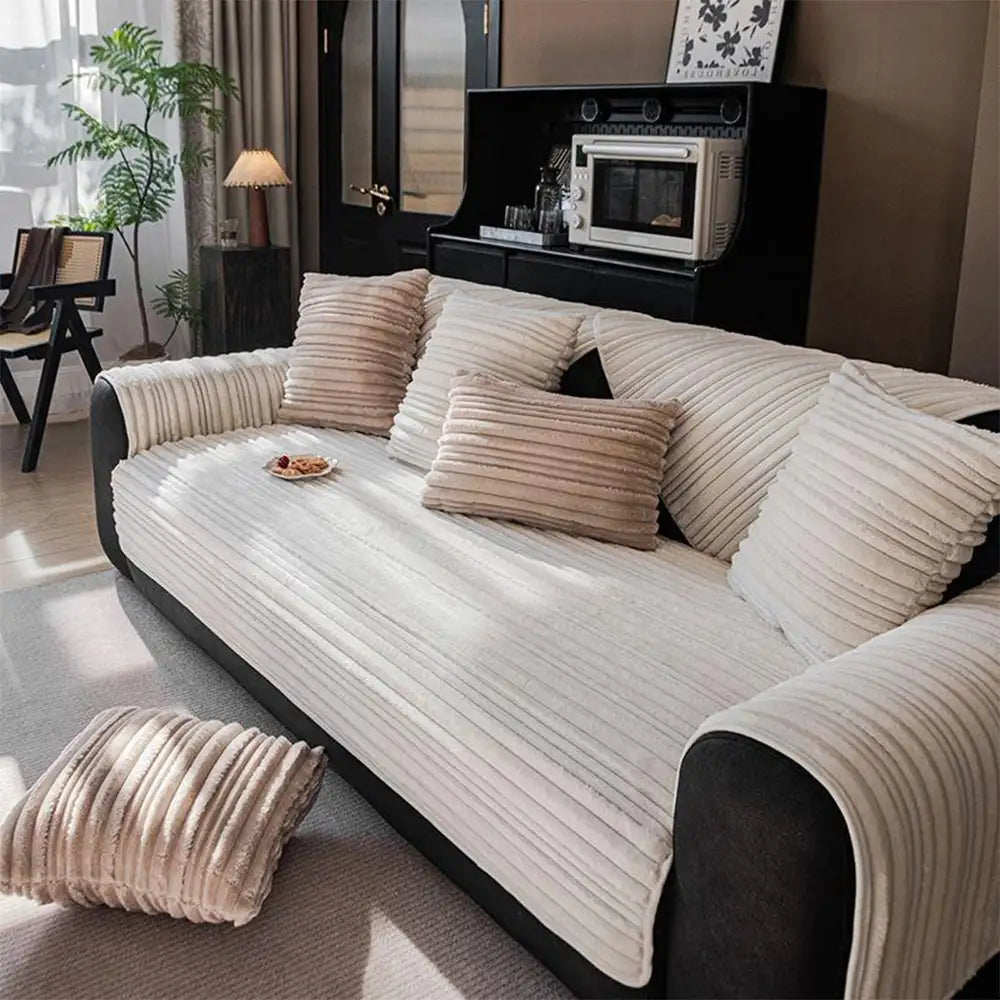 Modern Asymmetrical Stripes Soft Plush Non-Slip Couch Co... lifestyle and size view 15 | Petix pet supplies for dogs and cats