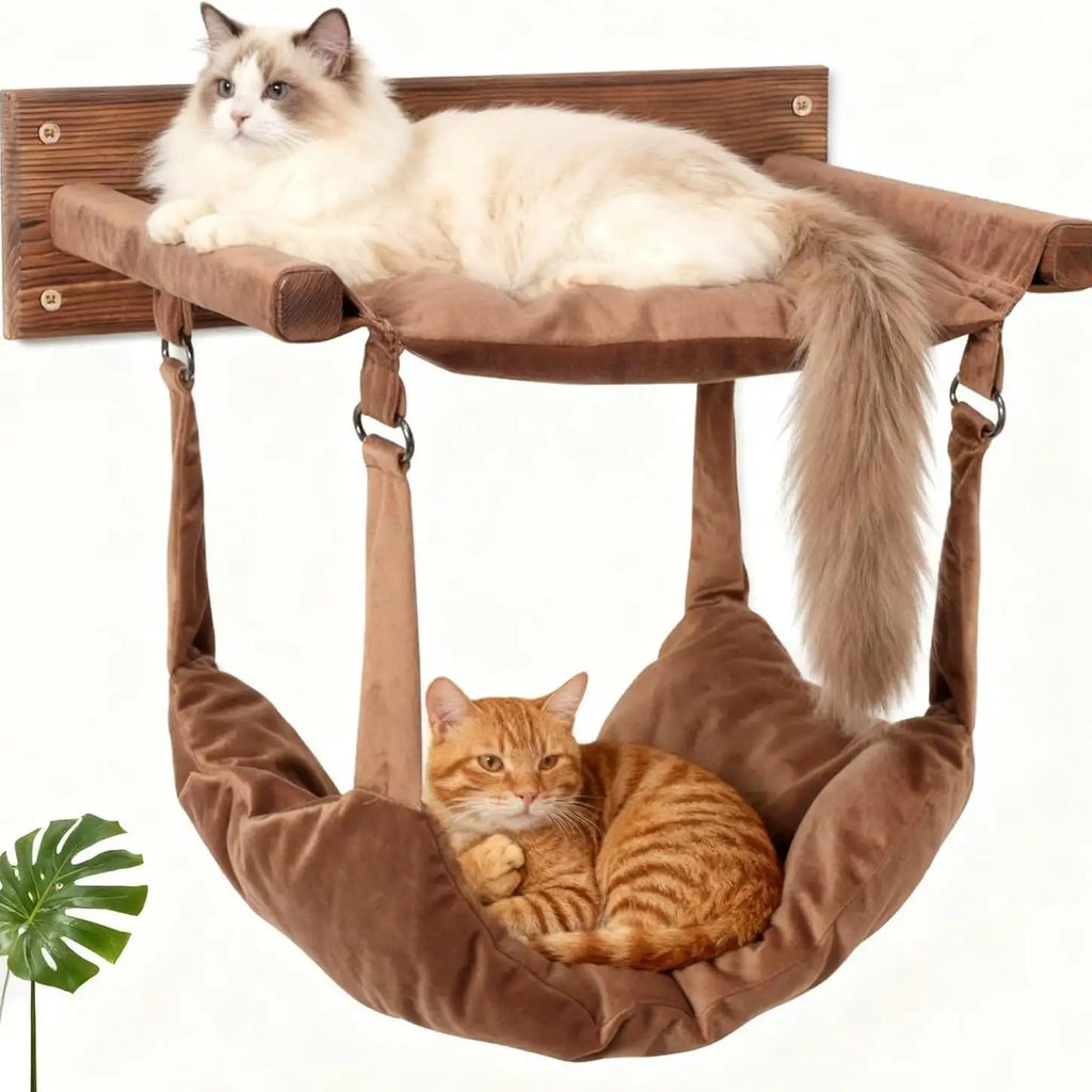 Modern Wooden Double-Layer Cat Wall Hammock for Lounging... lifestyle and size view 12 | Petix pet supplies for dogs and cats