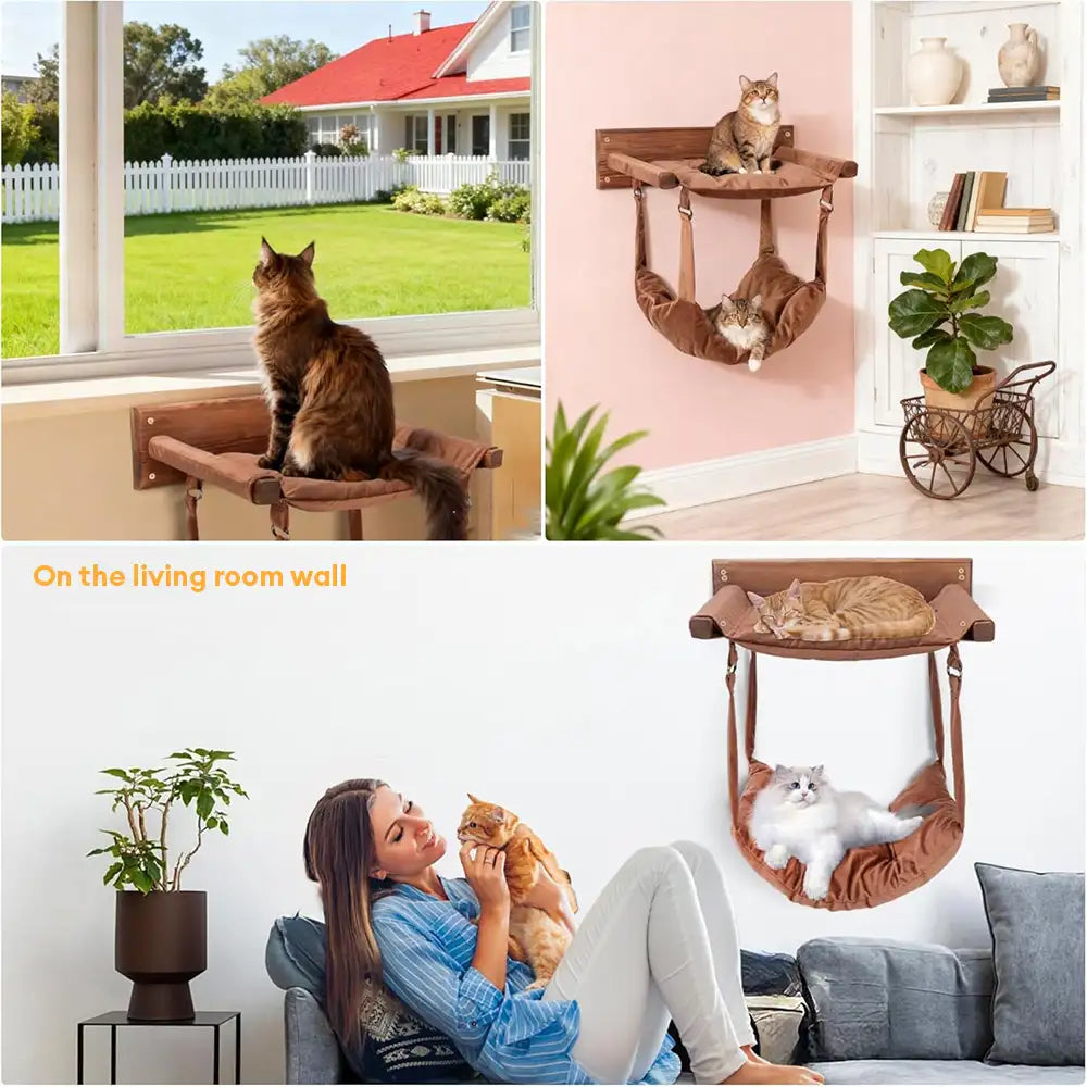 Modern Wooden Double-Layer Cat Wall Hammock for Lounging - Cat Beds detail view 2 | Petix pet supplies for dogs and cats