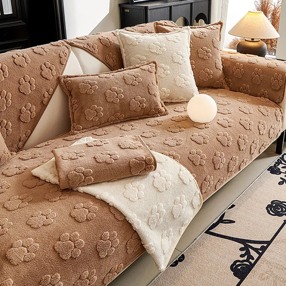 Paw Print Cute Plush Thick Sofa Decoration Non-slip Couch Cover - Cou... detail view 3 | Petix pet supplies for dogs and cats