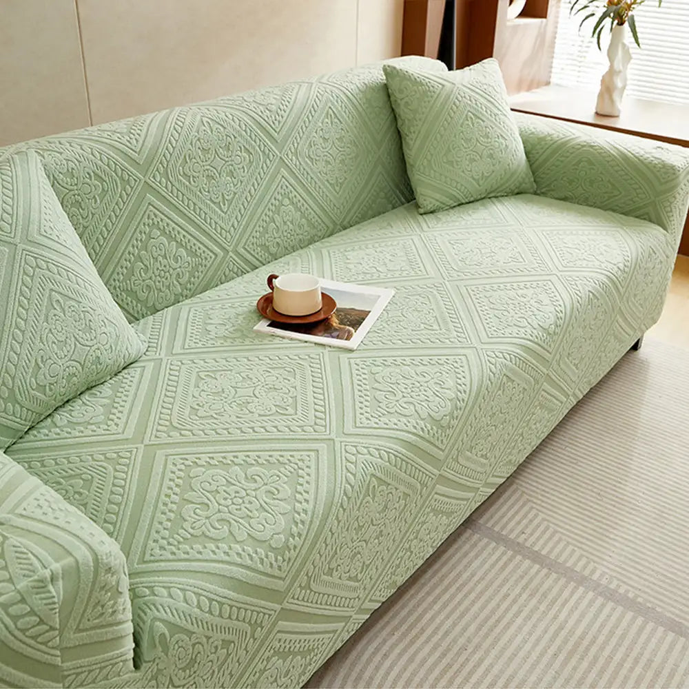 Retro Jacquard Pattern Full-Coverage Sofa Protector Magi... lifestyle and size view 11 | Petix pet supplies for dogs and cats