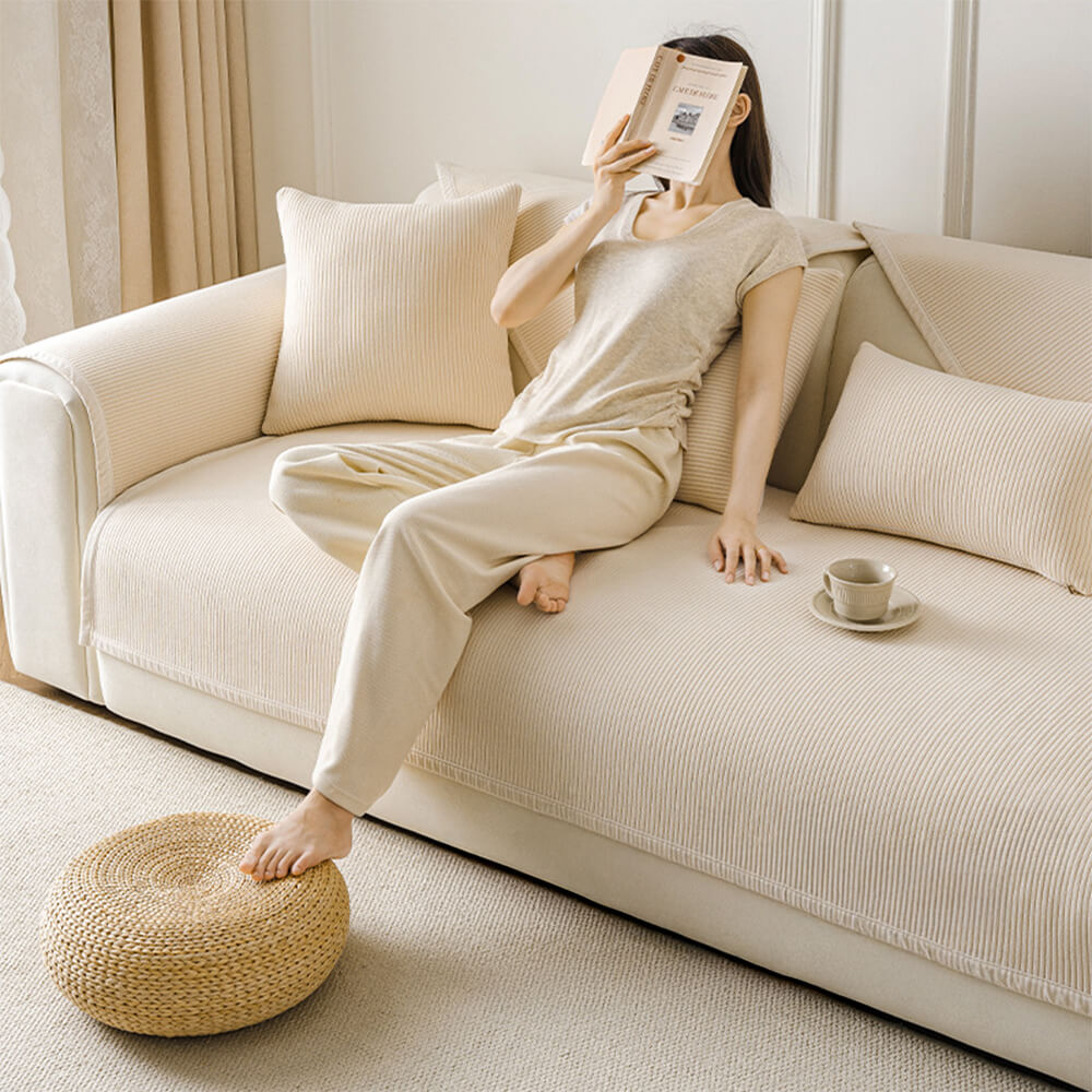 Modern Cream Vertical Stripes Fleece Couch Cover for All Seasons – Couch Cover (view 7) | Petix pet supplies for dogs and cats