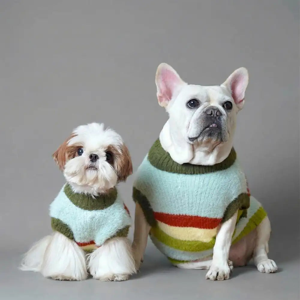Stylish Striped Stand-Up Collar Knitted Plush Dog Sweater – Dog Apparel (main) | Petix pet supplies for dogs and cats