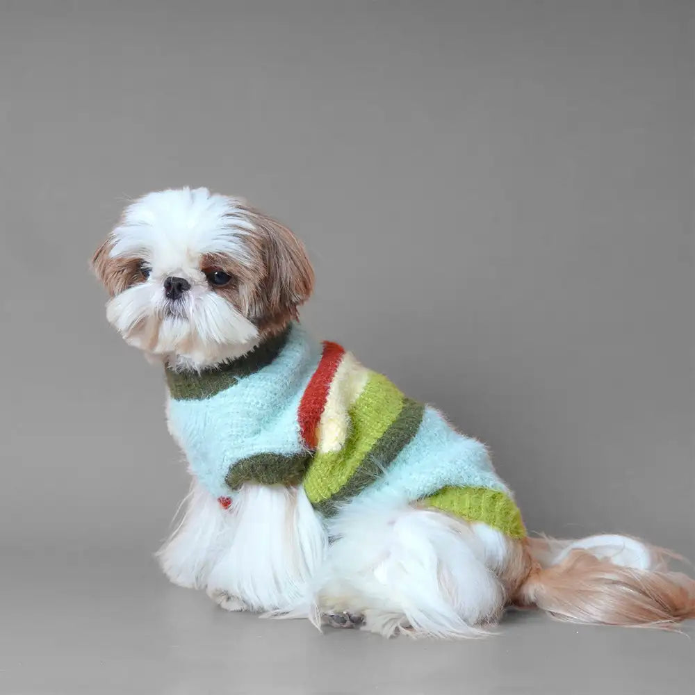 Stylish Striped Stand-Up Collar Knitted Plush Dog Sweater – Dog Apparel (view 2) | Petix pet supplies for dogs and cats