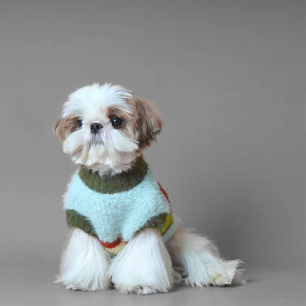 Stylish Striped Stand-Up Collar Knitted Plush Dog Sweater – Dog Apparel (view 5) | Petix pet supplies for dogs and cats