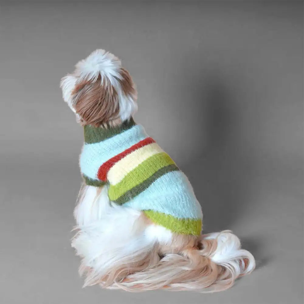 Stylish Striped Stand-Up Collar Knitted Plush Dog Sweater – Dog Apparel (view 6) | Petix pet supplies for dogs and cats