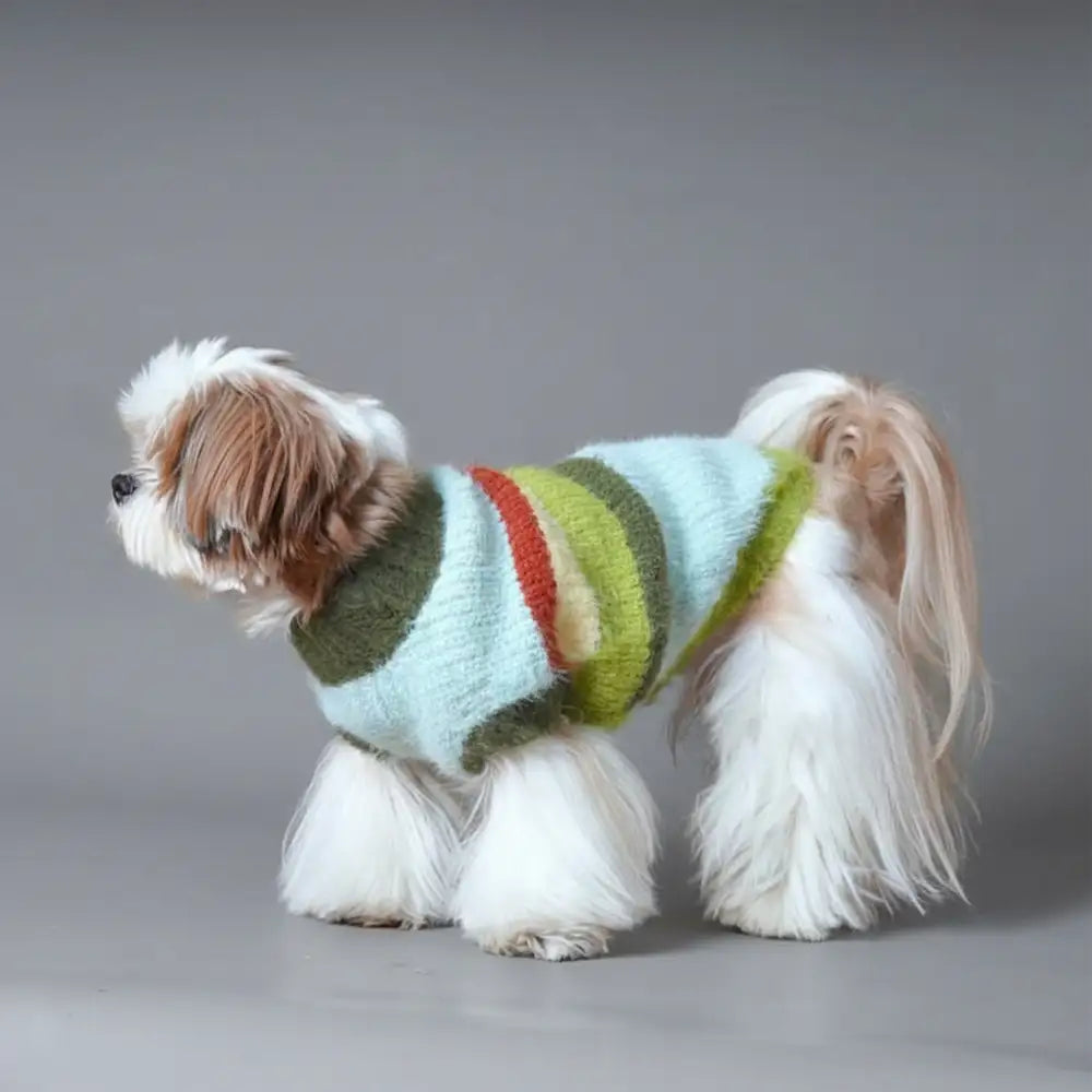 Stylish Striped Stand-Up Collar Knitted Plush Dog Sweater – Dog Apparel (view 7) | Petix pet supplies for dogs and cats