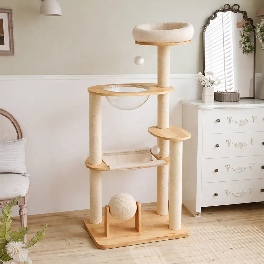 Wooden Multi-Level Climbing Frame Scratching Post Cat Tree With Hammock – Cat Tree (ma… | Petix pet supplies for dogs and cats