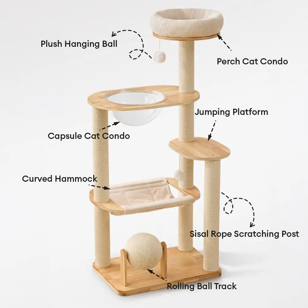 Wooden Multi-Level Climbing Frame Scratching Post Cat Tree With Hammock – Cat Tree (vi… | Petix pet supplies for dogs and cats